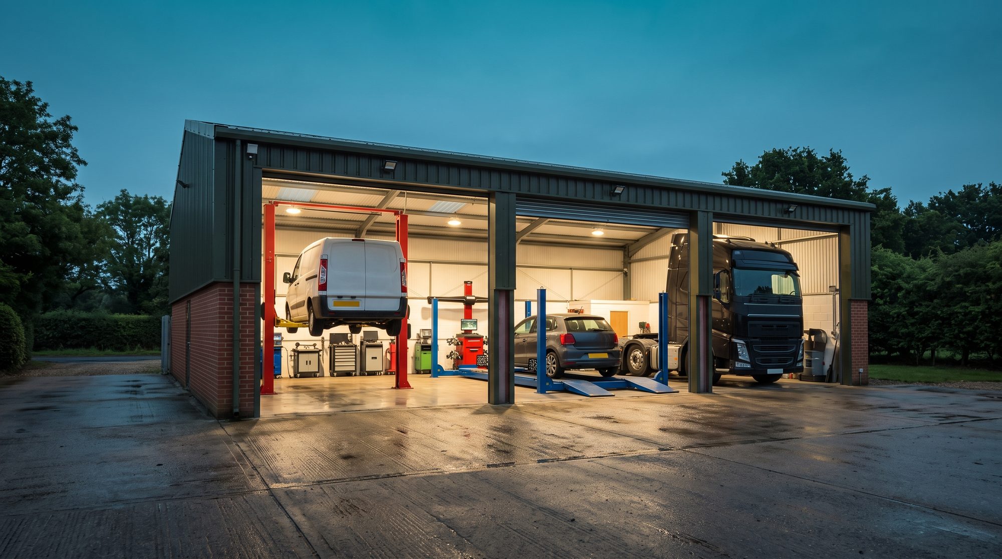 Illustration of a multi-bay vehicle workshop at dusk with a van on a lift, a car on an alignment ramp and an HGV cab