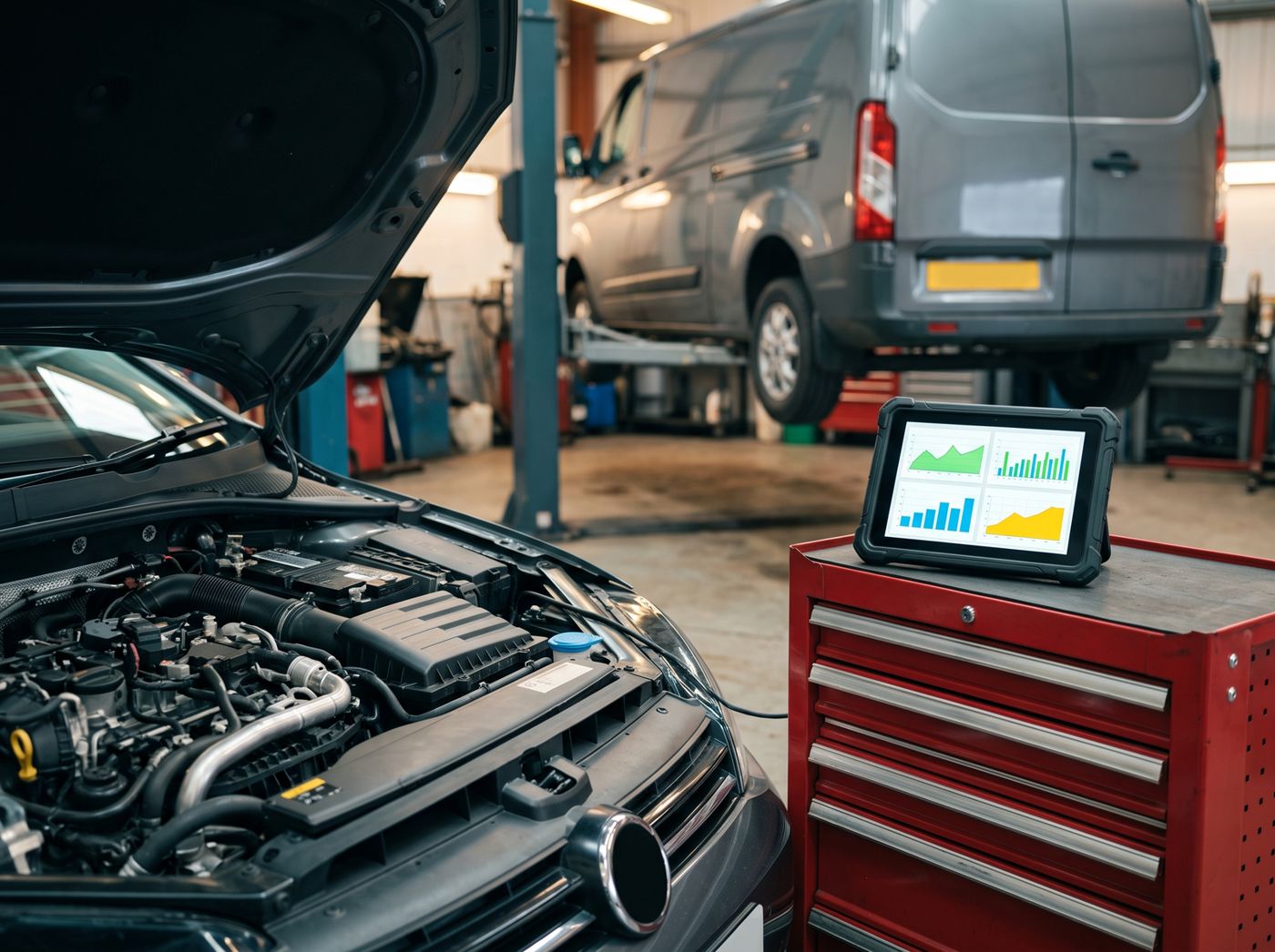 Illustrative photo of a diagnostic tablet beside an open car bonnet in a workshop bay