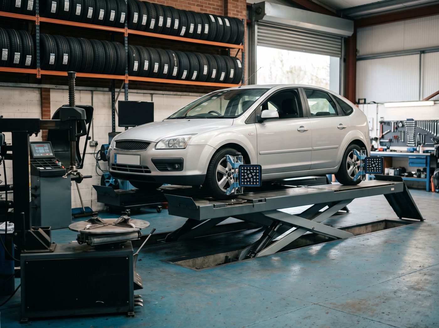 Illustrative photo of a tyre bay with a car on an alignment ramp, tyre changer and wheel balancer